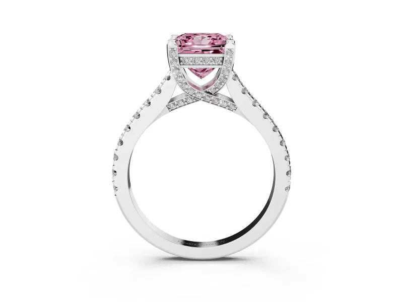 Princess Cut Hidden Halo Pave Engagement Ring Setting for a Fancy Pink Lab-Grown Diamond | Claw Prongs | White Gold