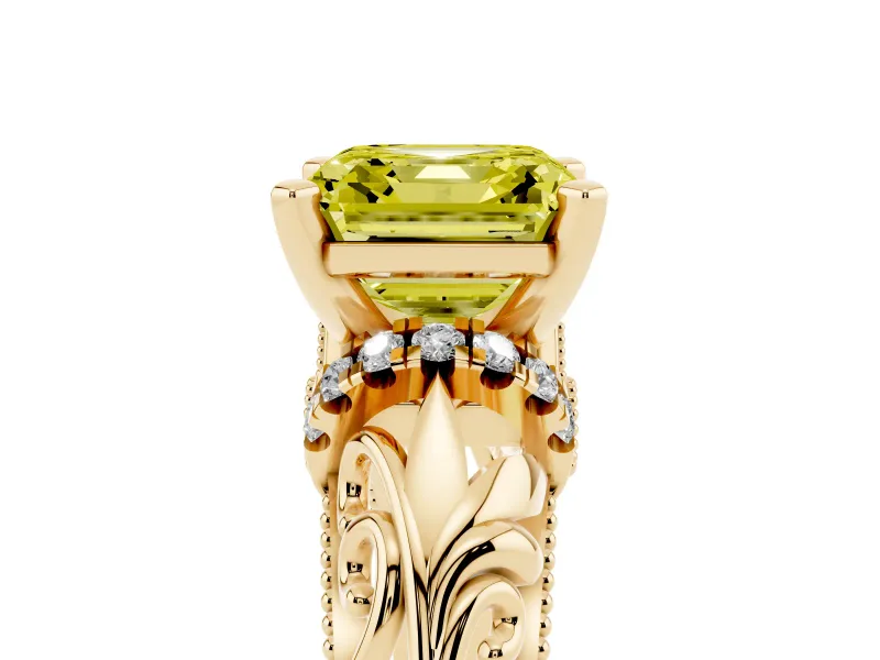 Fancy Yellow Asscher Cut Diamond Filigree Halo Engagement Ring Set in Yellow gold with Prong Setting