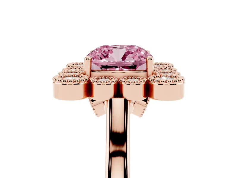 Cushion Cut Milgrain Cluster Halo Engagement Ring Setting for a Fancy Pink Lab-Grown Diamond | Plain Band | Rose Gold
