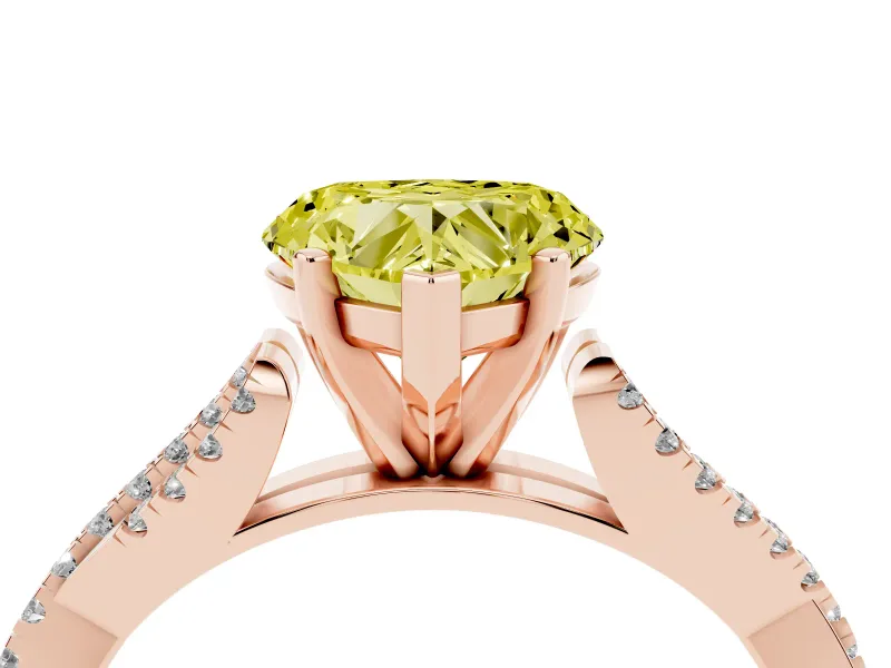 Fancy Yellow Heart Cut Diamond Solitaire Engagement Ring Set in Rose gold with Twisted Pavé Band and Prong Setting
