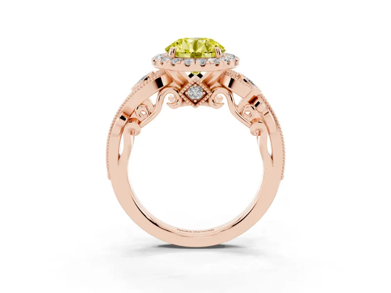 Fancy Yellow Round Cut Diamond Halo Ring Set in Rose gold with Milgrain Pavé Band and Prong Setting