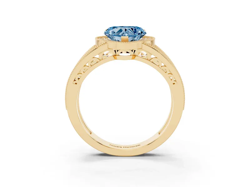 Fancy Blue Heart Cut Diamond Halo Ring Set in Yellow gold with Accent Split Shank and Prong Setting
