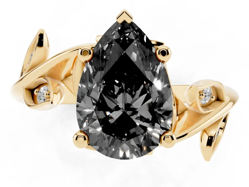 Pear-Shaped Twisted Bypass Engagement Ring Setting for a Black Center | Leaf Vine | Yellow Gold