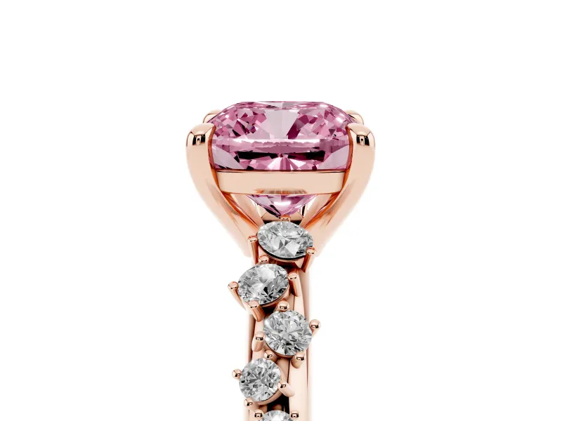 Fancy Pink Cushion Cut Diamond Solitaire Vine Band Ring Set in Rose gold with Round Accents and Prong Setting