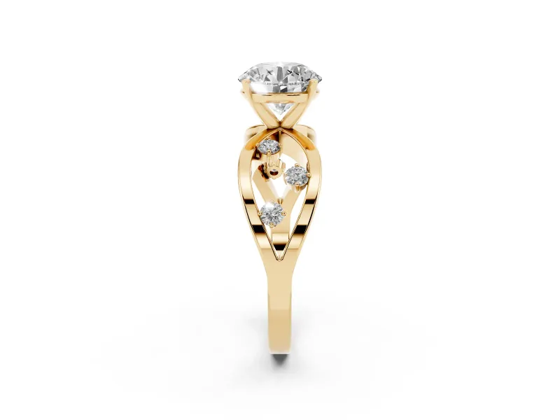 Round Cut Diamond Solitaire Ring Set in Yellow gold with Side Stones on Criss-Cross Band and Prong Setting