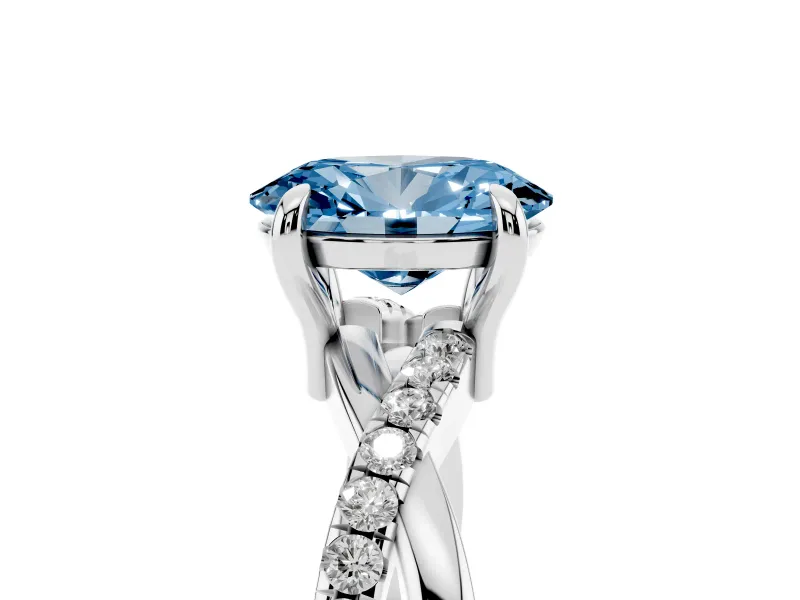 Fancy Blue Oval Cut Diamond Twist Band Solitaire Set in Platinum with Pavé Accents and Prong Setting