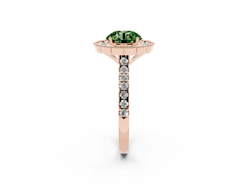 Fancy Green Round Cut Diamond Milgrain Floral Halo Engagement Ring Set in Rose gold with Pavé Band