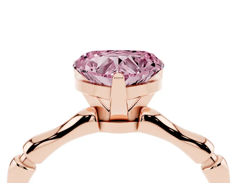 Fancy Pink Heart Cut Diamond Solitaire Ring Set in Rose gold with Bamboo Band and Prong Setting