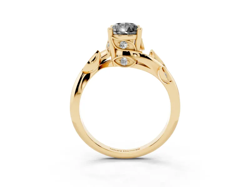 Fancy Black Pear Cut Diamond Solitaire Twist Engagement Ring Set in Yellow gold with Pavé Leaf Accents