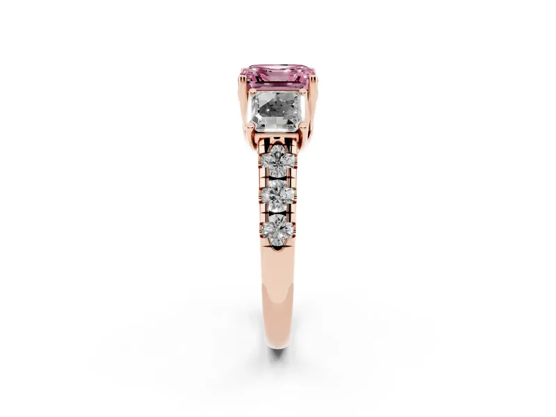Asscher Cut Three Stone Engagement Ring Setting for a Fancy Pink Lab-Grown Diamond | Accented Shoulders | Rose Gold