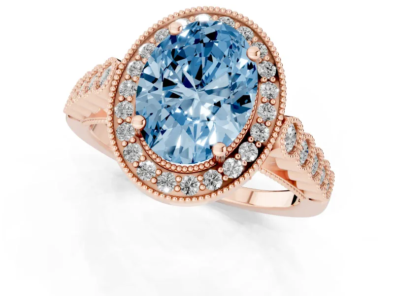 Fancy Blue Oval Cut Diamond Milgrain Halo Solitaire Ring Set in Rose gold with Bezel Set Side Stones and Pavé Band