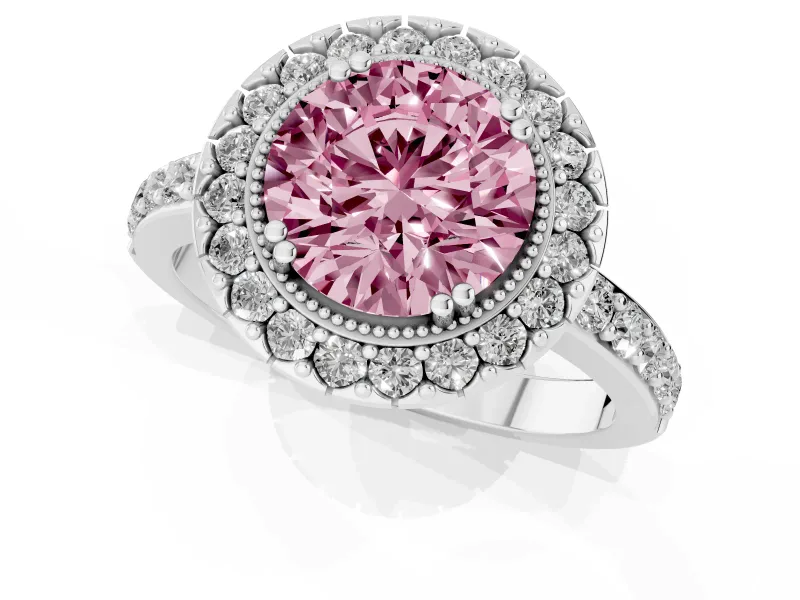 Round Vintage Milgrain Halo Engagement Ring Setting for a Fancy Pink Lab-Grown Diamond | Pierced Gallery | Platinum
