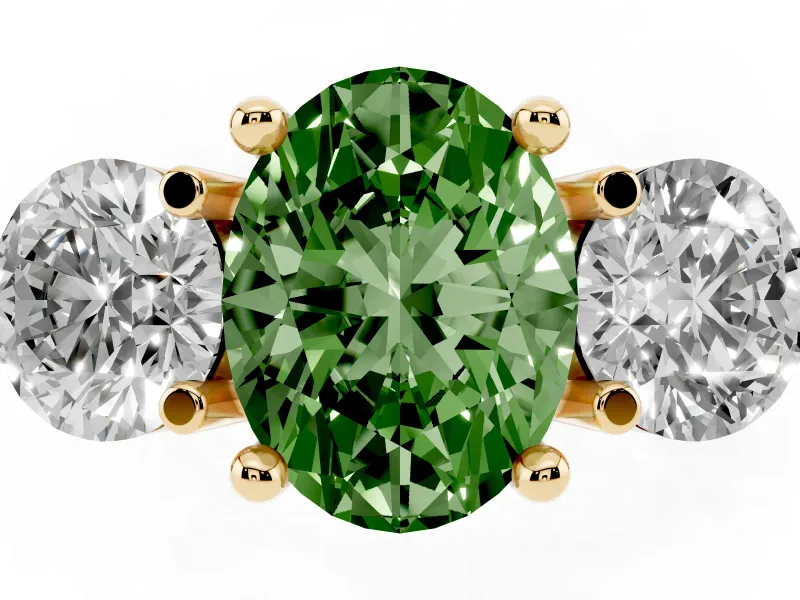 Fancy Green Oval Cut Diamond Three-Stone Ring Set in Yellow gold with Prong Setting and Classic Band