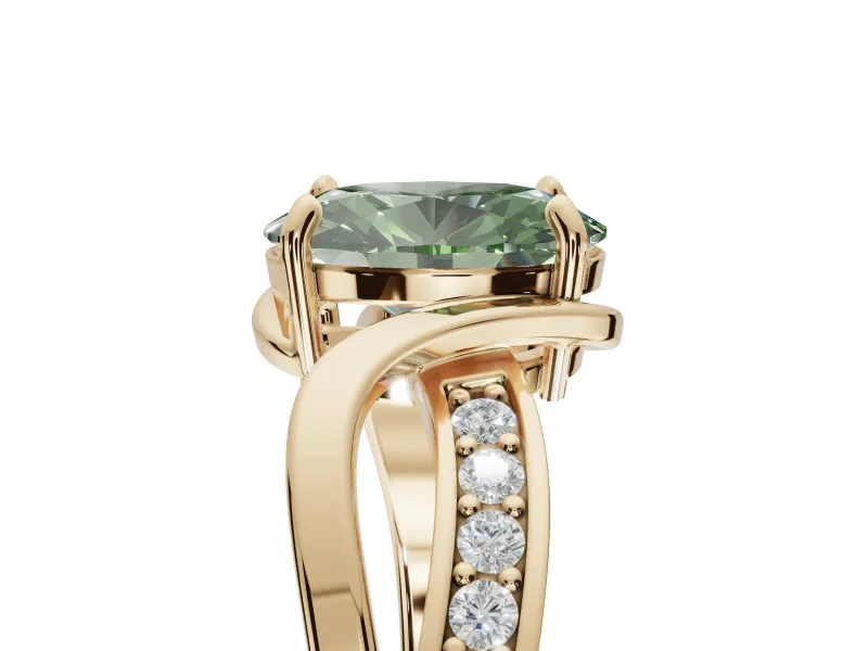Oval Bypass Solitaire Engagement Ring Setting for a Fancy Green Lab-Grown Diamond | Pavé and Plain Strands | Yellow Gold