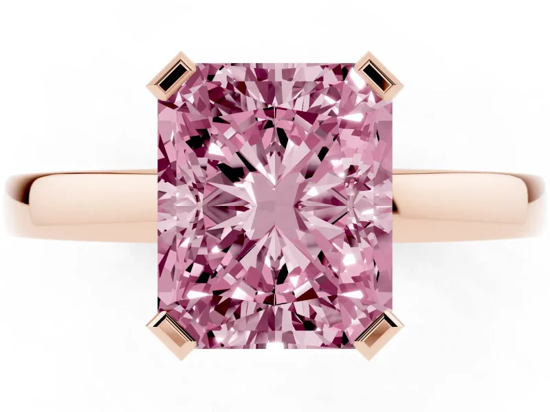 Fancy Pink Radiant Cut Diamond Solitaire Ring Set in Rose gold with Prong Head and Smooth Polished Band