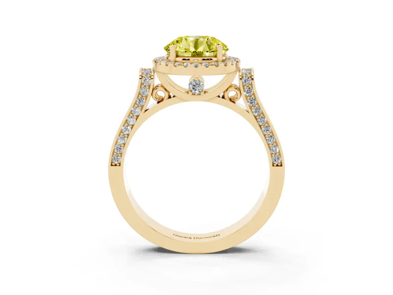 Round Halo Engagement Ring Setting for a Fancy Yellow Lab-Grown Diamond | Pavé Panel Shoulders | Yellow Gold