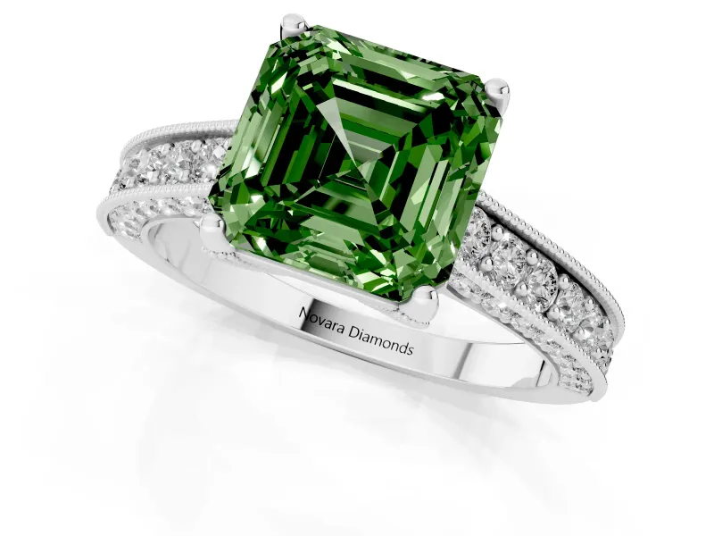 Asscher Cut Hidden Halo Engagement Ring Setting for a Fancy Green Lab-Grown Diamond | Milgrain Pave | Platinum
