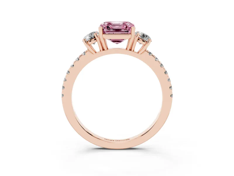 Asscher Cut Three Stone Engagement Ring Setting for a Fancy Pink Lab-Grown Diamond | Pave Shoulders | Rose Gold