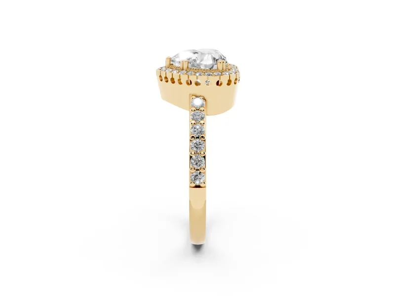 Heart Cut Diamond Halo Engagement Ring Set in Yellow gold with Milgrain Detail and Pavé Band