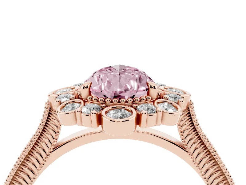 Fancy Pink Pear Cut Diamond Halo Milgrain Pavé Ring Set in Rose gold with Prong Setting