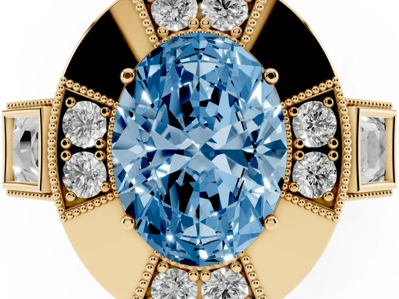 Oval Milgrain Sectioned Halo Engagement Ring Setting for a Fancy Blue Lab-Grown Diamond | Yellow Gold