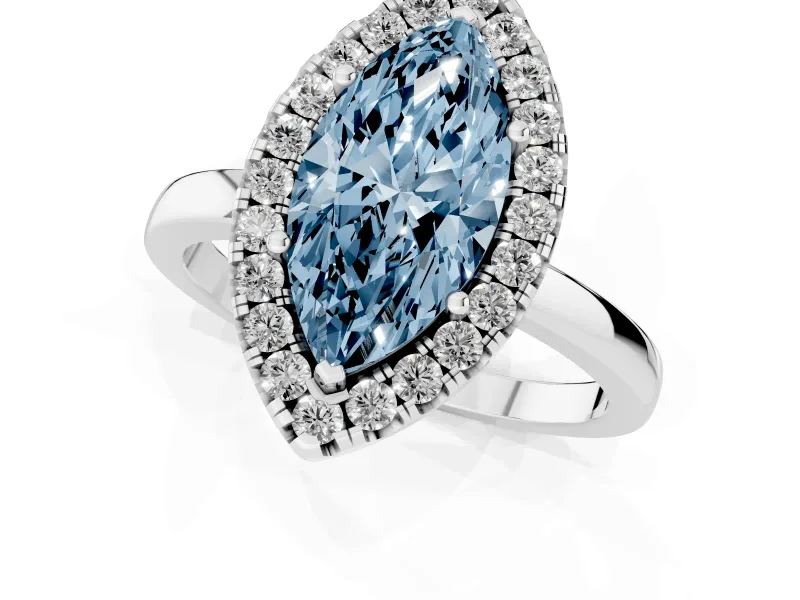 Fancy Blue Marquise Cut Diamond Halo Solitaire Ring Set in White gold with Pavé Band and Prong Setting