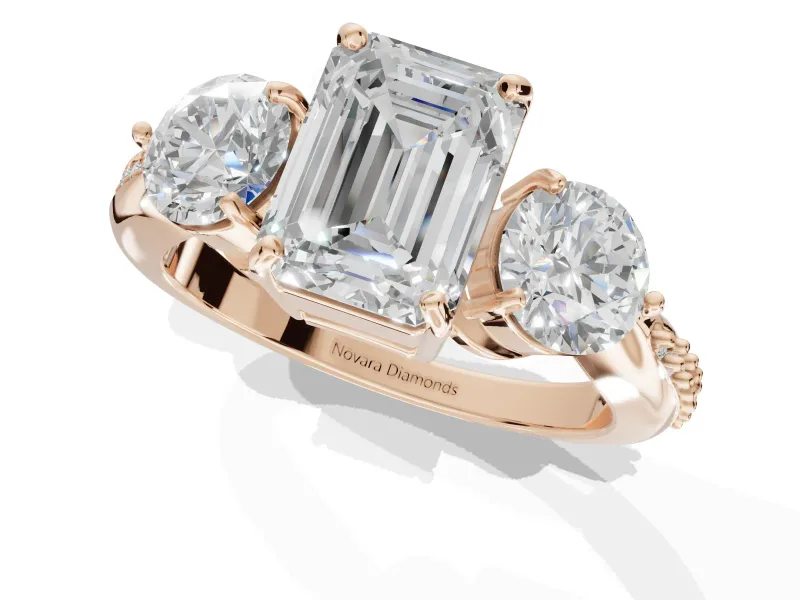 Emerald Cut Three Stone Engagement Ring Setting | Tapered Pave Band | Rose Gold