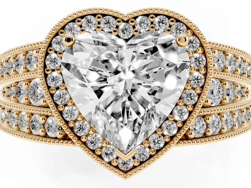 Heart Cut Diamond Halo Ring Set in Yellow gold with Accent Split Shank and Prong Setting