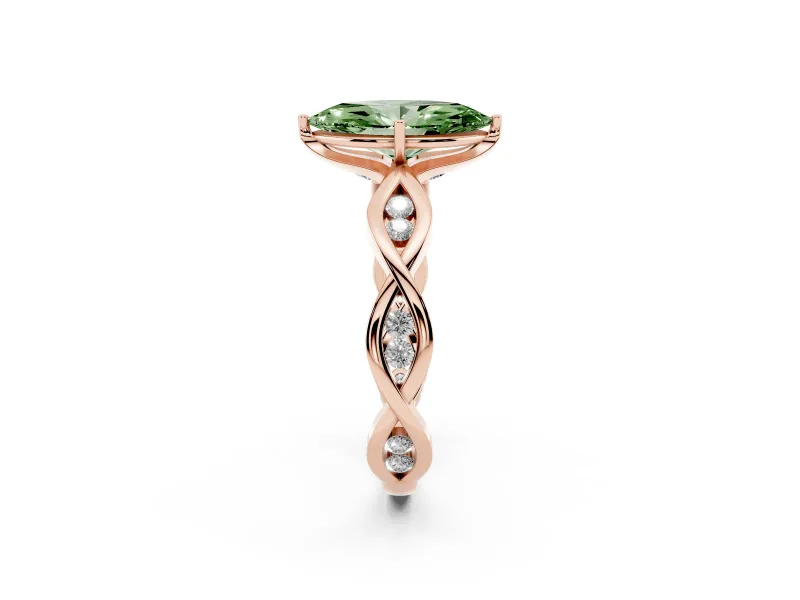 Fancy Green Marquise Cut Diamond Twist Band Solitaire Ring Set in Rose gold with Leaf Prong Setting and Accent Stones
