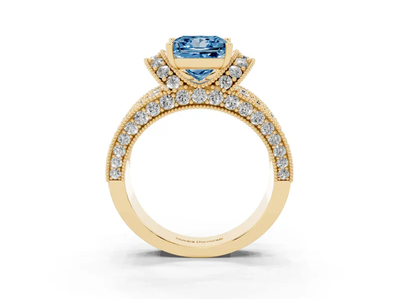Princess Cut Vintage Pave Engagement Ring Setting for a Fancy Blue Lab-Grown Diamond | Milgrain Edges | Yellow Gold