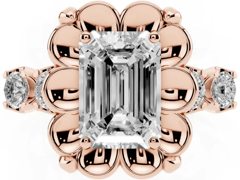 Emerald Cut Floral Engagement Ring Setting | Petal Frame and Side Stones | Rose Gold