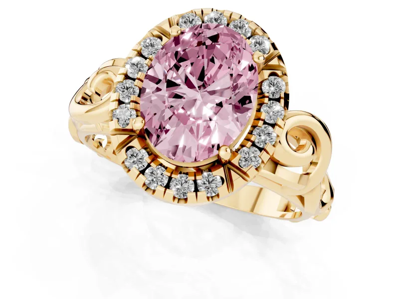 Fancy Pink Oval Cut Diamond Halo Ring Set in Yellow gold with Scrollwork Band and Prong Setting