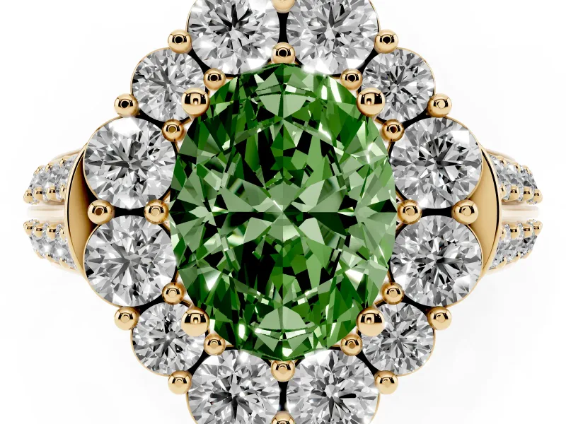 Oval Large Accent Halo Engagement Ring Setting for a Fancy Green Lab-Grown Diamond | Yellow Gold