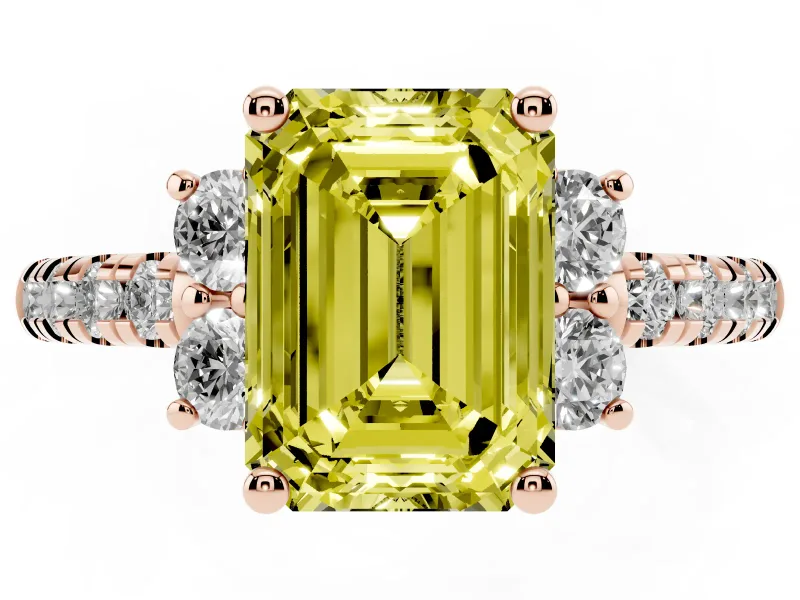 Emerald Cut Side Stone Engagement Ring Setting for a Fancy Yellow Lab-Grown Diamond | Pave Band | Rose Gold
