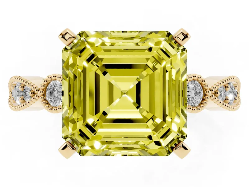 Fancy Yellow Asscher Cut Diamond Solitaire Engagement Ring Set in Yellow gold with Milgrain Bezel Accent Band