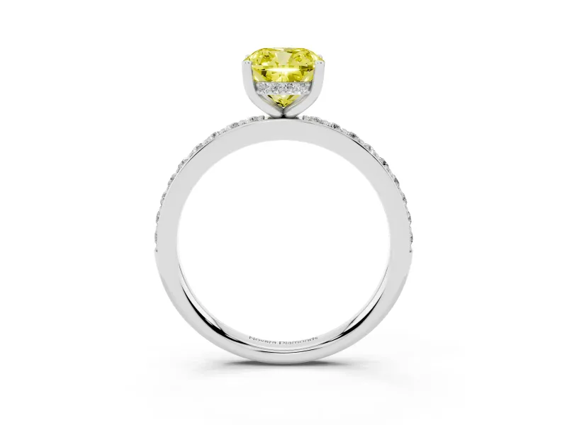 Fancy Yellow Cushion Cut Diamond Pavé Band Ring Set in White gold with Prong-Set Center Stone