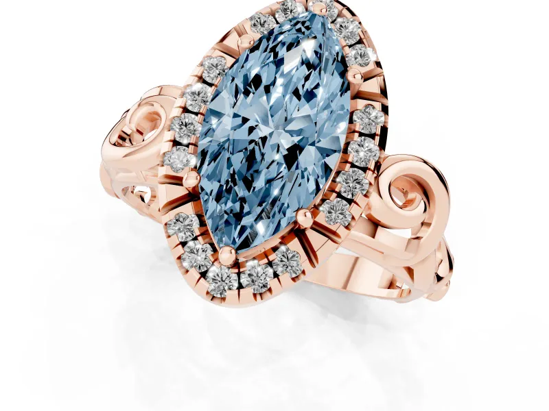 Fancy Blue Marquise Cut Diamond Halo Ring Set in Rose gold with Scrollwork Band and Prong Setting