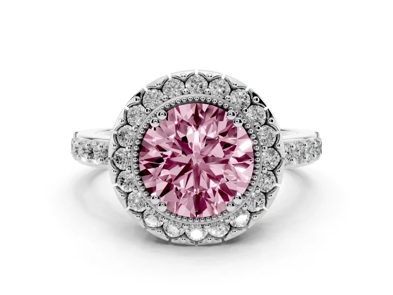 Fancy Pink Round Cut Diamond Halo Ring Set in White gold with Pavé Shank and Prong Setting