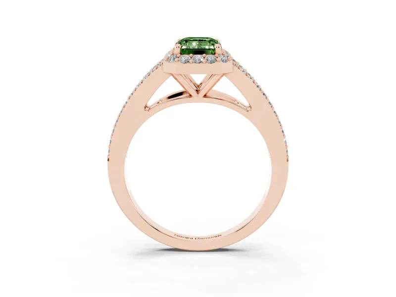 Fancy Green Emerald Cut Diamond Halo Split Shank Pavé Ring Set in Rose gold with Prong Setting