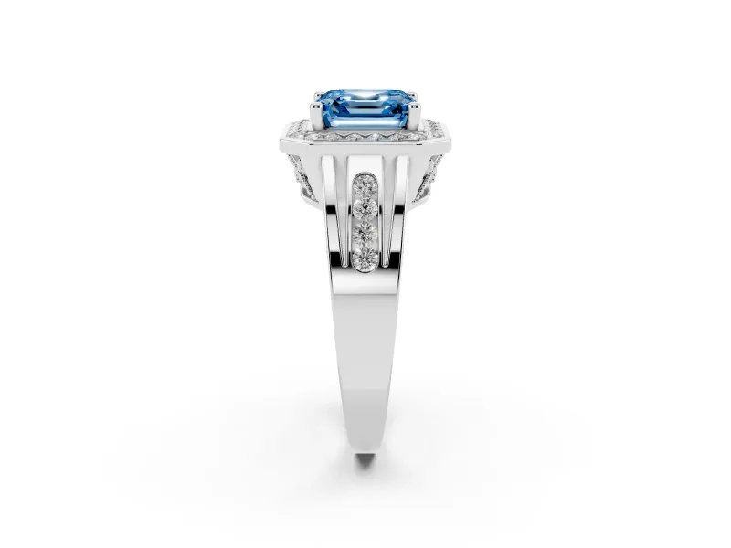 Asscher Cut Halo Engagement Ring Setting for a Fancy Blue Lab-Grown Diamond | Channel-Set Split Shank | Sterling Silver