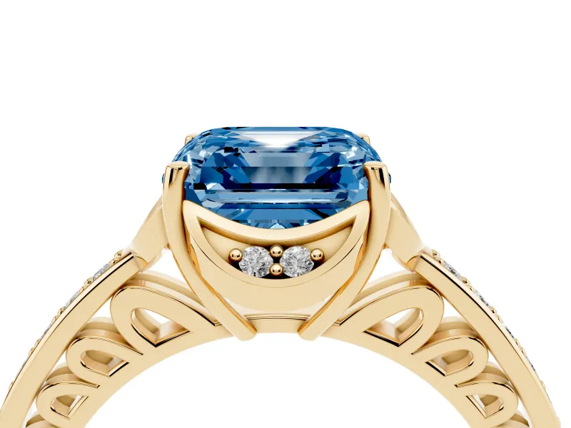 Asscher Cut Floral Pavé Engagement Ring Setting for a Fancy Blue Lab-Grown Diamond | Yellow Gold