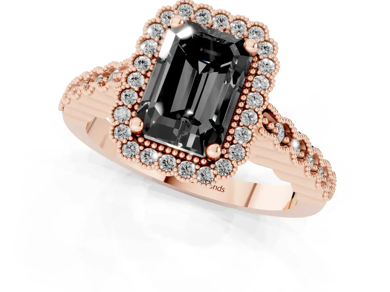 Radiant Cut Milgrain Halo Engagement Ring Setting for a Black Center | Beaded Shoulders | Rose Gold