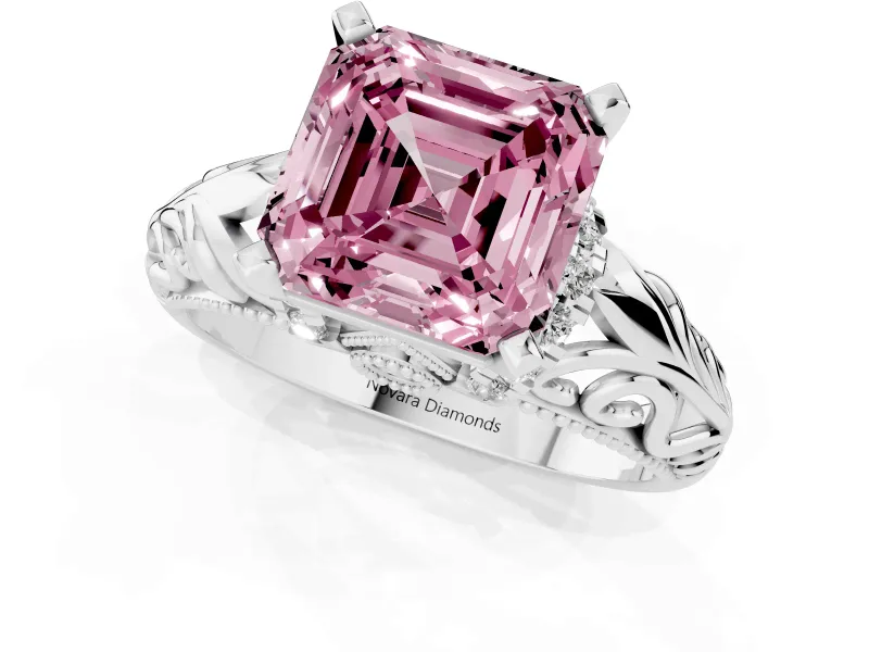 Fancy Pink Asscher Cut Diamond Filigree Halo Engagement Ring Set in White gold with Prong Setting