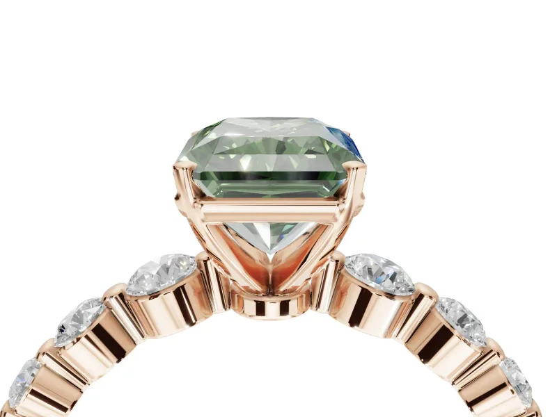Radiant Cut Graduated Side Stone Engagement Ring Setting for a Fancy Green Lab-Grown Diamond | Rose Gold