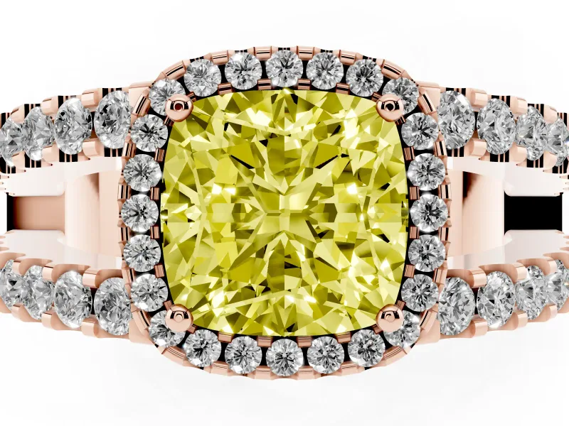 Fancy Yellow Cushion Cut Diamond Halo Ring Set in Rose gold with Pavé Split Shank and Prong Setting