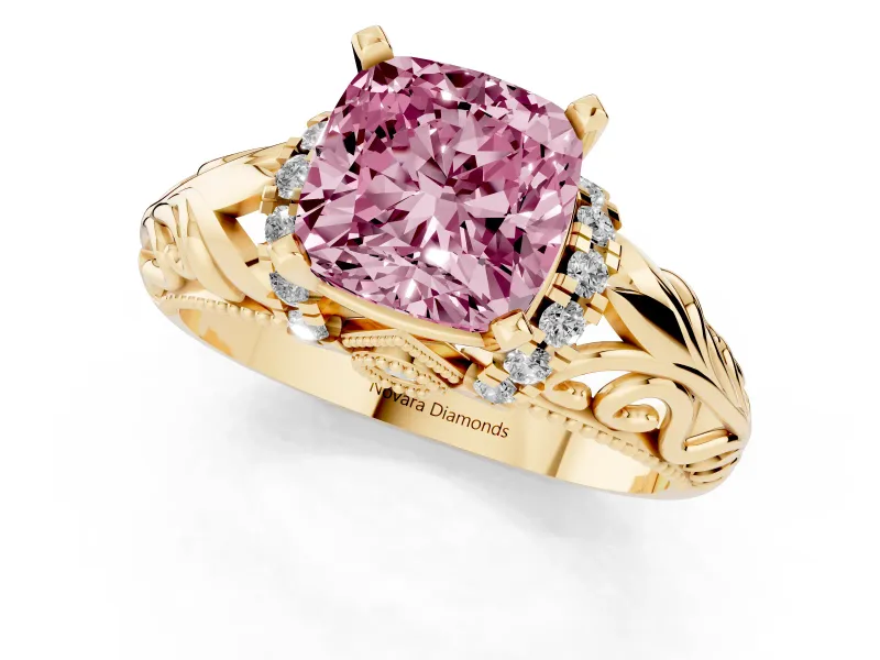 Cushion Cut Filigree Engagement Ring Setting for a Fancy Pink Lab-Grown Diamond | Yellow Gold