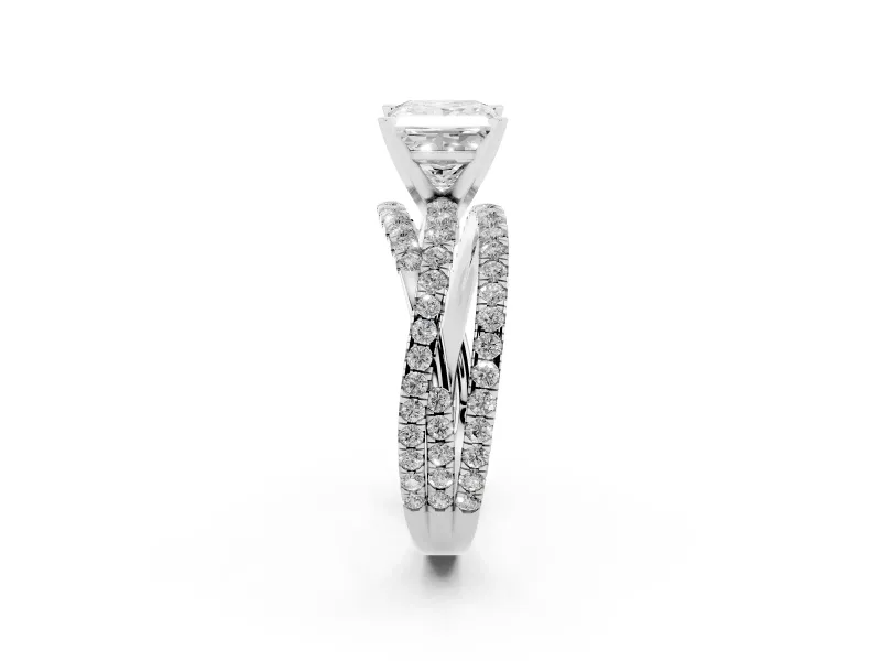 Princess Cut Twisted Pavé Solitaire Engagement Ring Setting | Three-Strand Band | White Gold