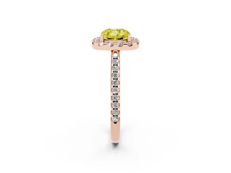 Cushion Cut Pave Halo Engagement Ring Setting for a Fancy Yellow Lab-Grown Diamond | Pave Band | Rose Gold