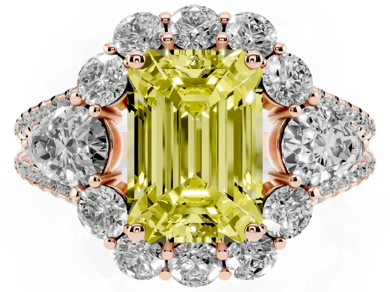 Fancy Yellow Emerald Cut Diamond Halo Split Shank Engagement Ring Set in Rose gold with Prong-Held Center Stone