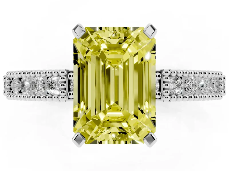 Fancy Yellow Emerald Cut Diamond Solitaire Ring Set in White gold with Slim Pavé Band and Prong Setting